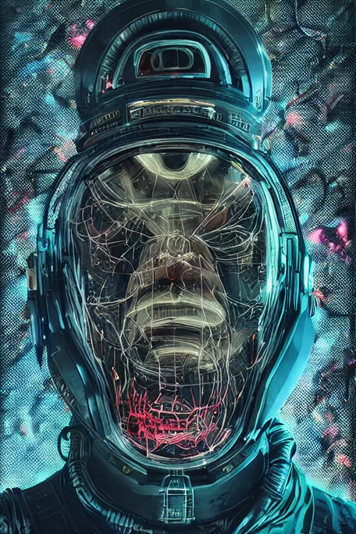 Image similar to portrait of a mutant beast, diseased. intricate abstract. cyberpunk, vhs glitch. full face broken helmet. intricate artwork. nightmare fuel. terrifying. empty oxygen tank. by Tooth Wu, wlop, Antoine Collignon, dan mumford. octane render, CGSociety, dan witz very coherent symmetrical artwork. cinematic, hyper realism, high detail, octane render, 8k, iridescent accents, black and white