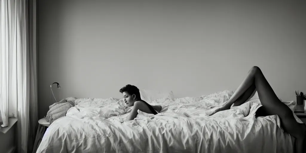 Image similar to in a quiet bedroom, photography of a very beautiful short-haired woman sit on a bed