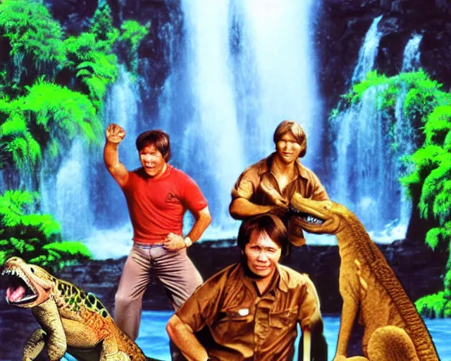 Image similar to steve irwin with dingo and crocodile and bruce lee, waterfall background, epic colorful hyper detailed cinematic still