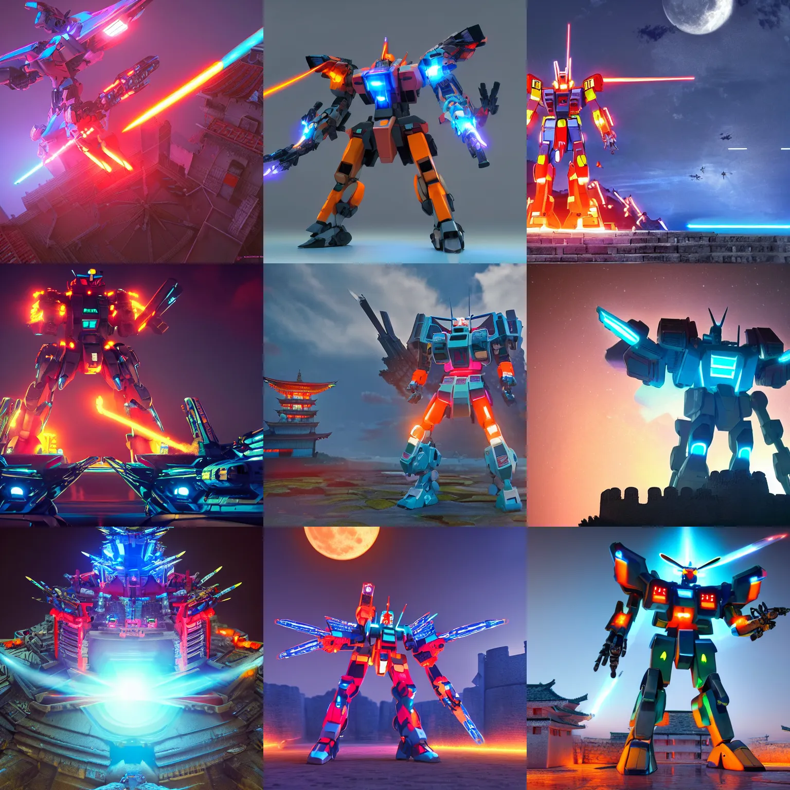 Prompt: neon gundam mecha, attacking a well defended feudal Japanese fortress / castle, mecha, highly detailed, full moon, colours blue and orange, 8k, blender, octaine render, birds eye view, by karl kopinski, proko, kim jung gius, james gurney