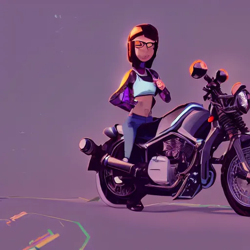 Image similar to Walter white cyberpunk girl sitting on a motorcycle, mattepainting concept pixar maya engine on stylized background splash comics global illumination lighting artstation lois van baarle, ilya kuvshinov, rossdraws