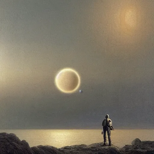 Image similar to by frank gehry, by alexandre calame slenderman lifelike, precise. land art. a beatiful illustration of a planet with two moons in the background. in the foreground, there is a woman wearing a spacesuit & holding a phaser. she is standing on a rocky surface, & there is a ship in the distance.