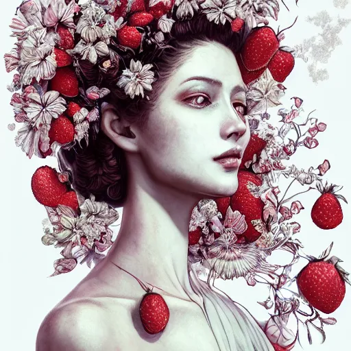 Image similar to the portrait of an absurdly beautiful, graceful, elegant, sophisticated, fashionable woman made of strawberries and white petals looking down, an ultrafine hyperdetailed illustration by kim jung gi, irakli nadar, intricate linework, bright colors, octopath traveler, final fantasy, unreal engine 5 highly rendered, global illumination, radiant light, detailed and intricate environment