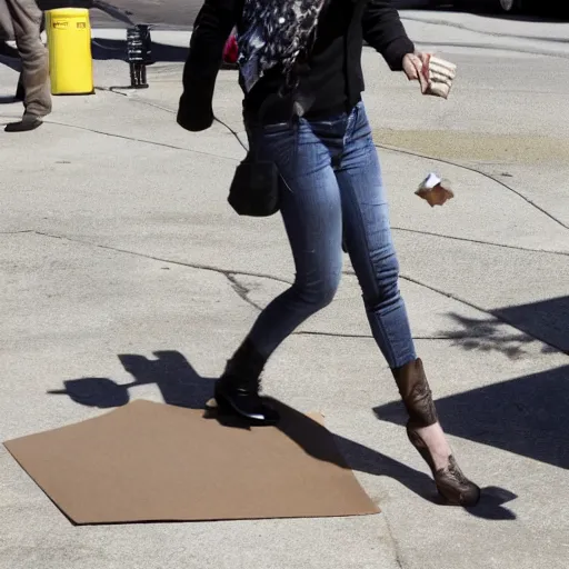 Prompt: photo of charlize theron dropping a pile of loose change out of her purse and all over the ground.