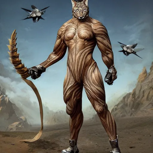 Image similar to muscular masculine anthropomorphic lynx man wearing flight suit, artifex mundi ingame realphoto render by by jean - baptiste monge