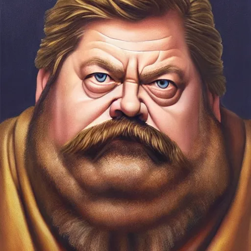 Prompt: a hyperrealistic painting of a dwarven cleric that looks like ron swanson looking stoicly to the right, white hair, white beard, holding a holy symbol, golden hour, alex ross