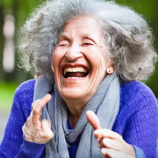 Prompt: an old woman laughing in a park. she has a thin translucent oxygen tubing under her nose