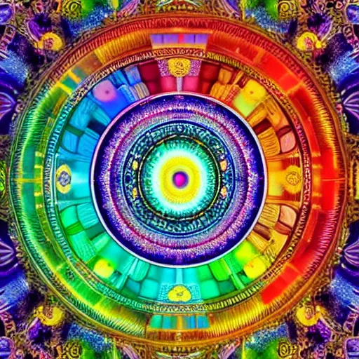 Prompt: A beautiful Buddhist Mandala, hyper-detailed, rainbow color scheme :: Mystical, astral, concept art - cinematic realism