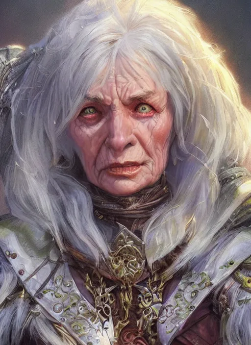 Image similar to old lady, ultra detailed fantasy, dndbeyond, bright, colourful, realistic, dnd character portrait, full body, pathfinder, pinterest, art by ralph horsley, dnd, rpg, lotr game design fanart by concept art, behance hd, artstation, deviantart, hdr render in unreal engine 5