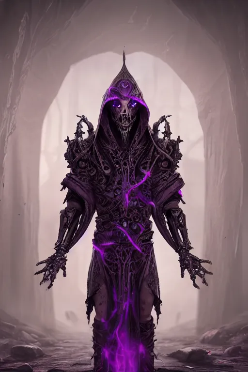 Prompt: high intricate game character and environment design, ( ( biomechanical ) ) archanist covered in otherworldly dreamy purple magic, tattered!!! robe and hood, stone pathway, scary, arrogant, hostile, cryengine, octane render, 5 0 0 px, 8 k, wide angle