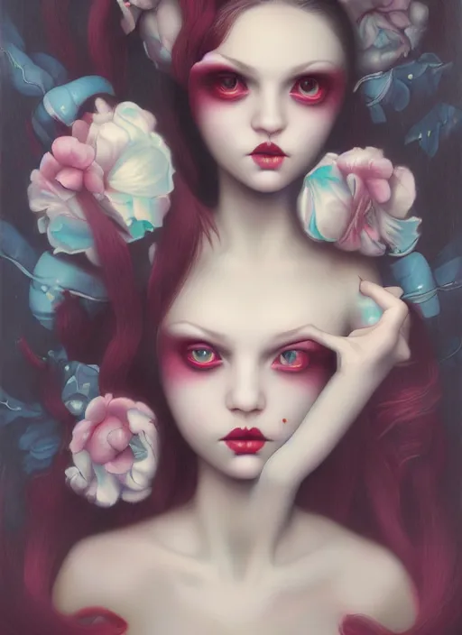 Prompt: pop surrealism, lowbrow art, realistic cute seductive female painting, japanese street fashion, hyper realism, muted colours, natalie shau tom bagshaw, mark ryden, trevor brown style,