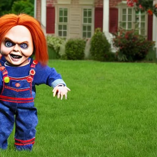 Prompt: Chucky the killer doll standing out in the yard