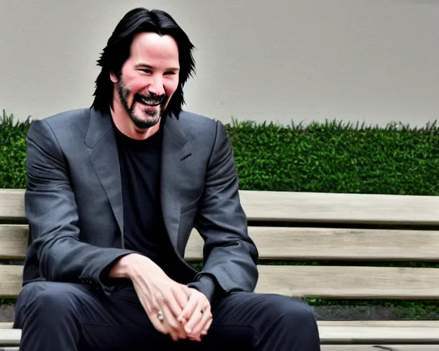 Image similar to photo of happy keanu reeves sitting on a bench in a park. lifelike. ultra detailed. intricate. soft light. nikon d 8 5 0.