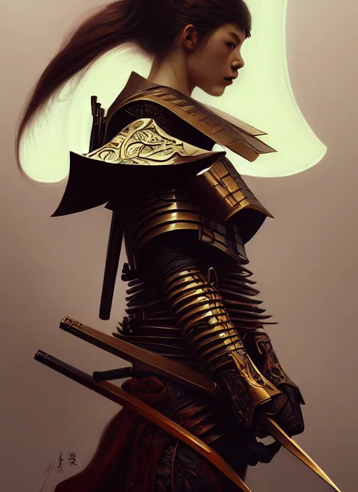 Image similar to samurai cyborg, diffuse lighting, fantasy, intricate, elegant, highly detailed, lifelike, photorealistic, digital painting, artstation, illustration, concept art, smooth, sharp focus, art by John Collier and Albert Aublet and Krenz Cushart and Artem Demura and Alphonse Mucha