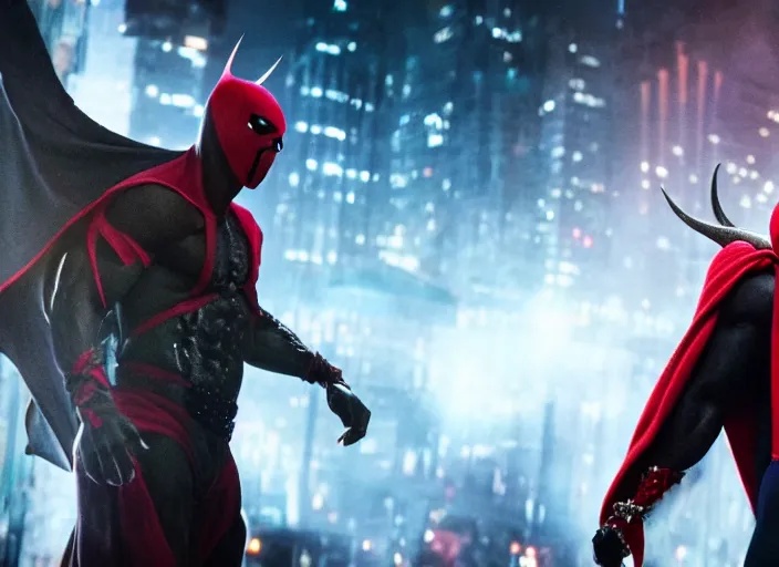 Image similar to film still of michael b jordan as spawn in the new spawn movie, giant chains, large cape, 8 k