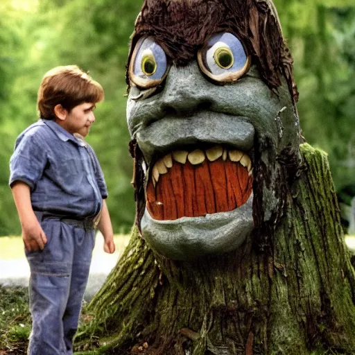 Image similar to the legend of Big Sir monster talking to a tree stump that has the face of Gilbert gottfried, film still