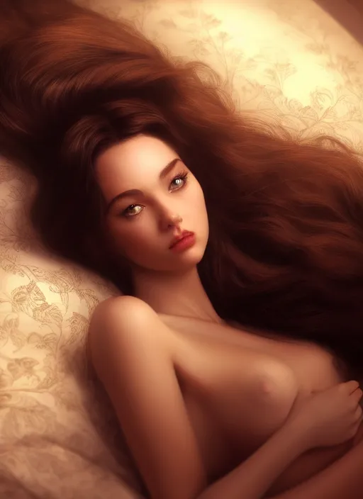 Prompt: young woman beautiful face : : black gold peignoir : : lie in bed at night : : weta disney pixar movie still photo : : decadent highly - detailed digital painting, soft dark light, full length shot, golden ratio, octane render, artstation, smooth, sharp focus, artgerm, mucha, loish, wlop, gogo