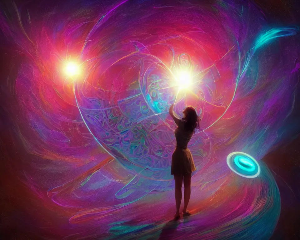 Image similar to a beautiful whimsical woman standing under a multi-colored binary blackhole with an accretion disc, casting magic, glowing trails following her arms, intricate repeating geometric patterns, fractals, by Ross Tran, by Greg Rutkowski, by artgerm, by beeple, by moebius, cinematic angle, volumetric lighting, 4k resolution, octane render, trending on artstation, masterpiece