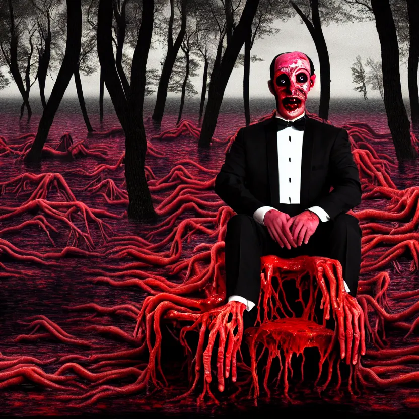 Prompt: a portrait of a man in a tuxedo with five heads, twelve arms, and sixteen legs, sitting on chair made of human limbs, the chair is floating in a lake of blood, surrounding the lake are melting trees, digital art, hyperrealistic nightmare scene, supernatural, highly detailed, creepy, terrifying