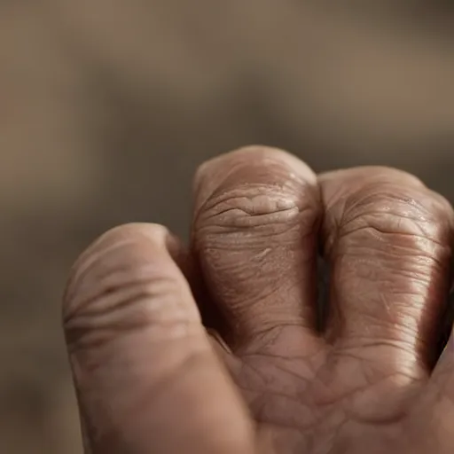 Prompt: closeup photograph of an old, wrinkled hand. Macro details. Shallow depth of field. Strong keylight.