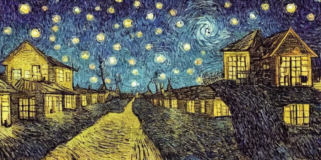 Prompt: cat walking down a long tree lined avenue with a small cottage at the far end, it is night and the sky looks like van gogh starry night, style of dave mckean, illustration, collage