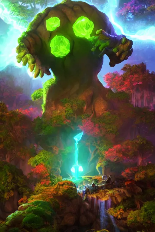 Image similar to arcane fantasy art giant golem elemental wood rock bastion forged gemstone enchanted forest troll, global illumination ray tracing hdr fanart arstation by sung choi and eric pfeiffer and gabriel garza and casper konefal lisa frank zbrush central hardmesh radiating a glowing aura