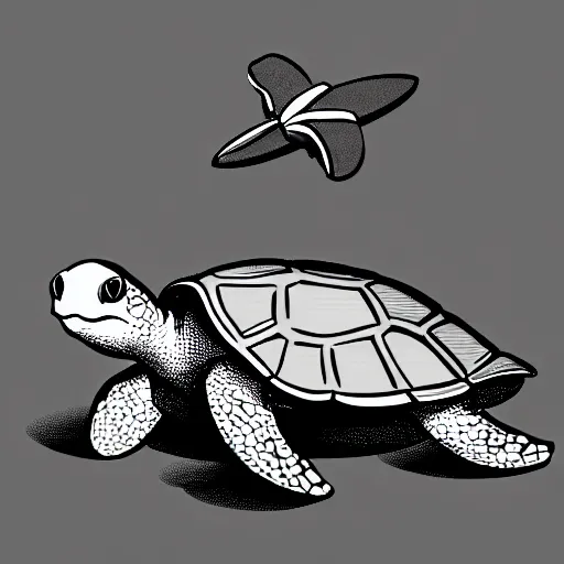 Image similar to storybook illustration of a turtle with a propeller attached to its shell, storybook illustration, monochromatic