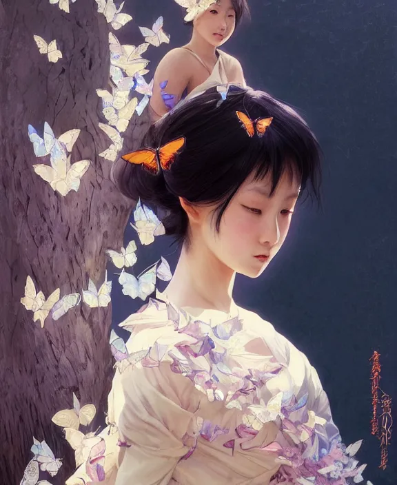 Prompt: teen japanese girl in dress made of butterfly, realistic portrait, highly detailed, digital painting, artstation, concept art, smooth, sharp focus, illustration, cinematic lighting, art by artgerm and greg rutkowski and alphonse mucha and boris vallejo and frank frazetta