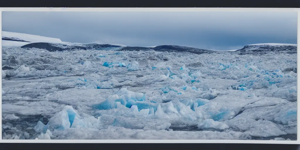 Image similar to polaroid photo of glaciers in iceland, surrounded by snow and ice, bright blue sky