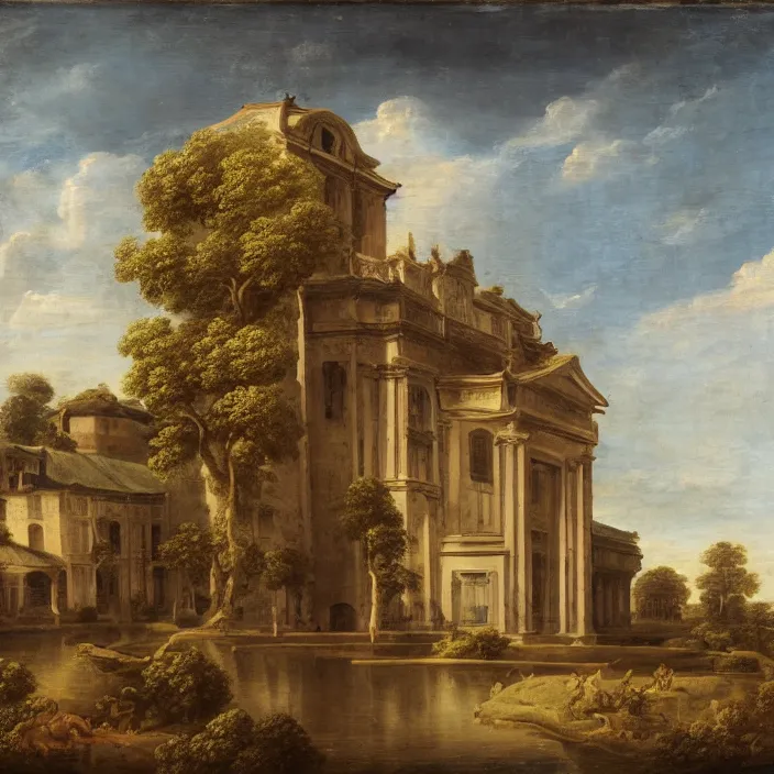 Image similar to a building in a serene landscape, rococo art