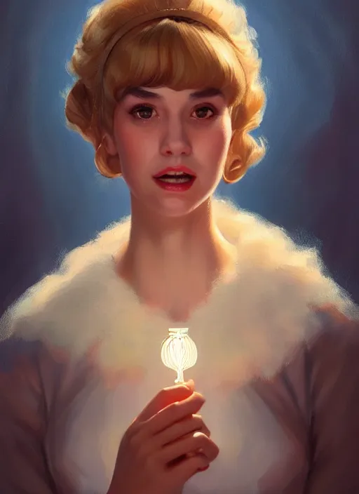 Prompt: portrait of betty cooper with fluffy bangs, bangs, 1 9 6 0 s, ponytail, curly bangs and ponytail, rounder face, intricate, elegant, glowing lights, highly detailed, digital painting, artstation, concept art, smooth, sharp focus, illustration, art by wlop, mars ravelo and greg rutkowski