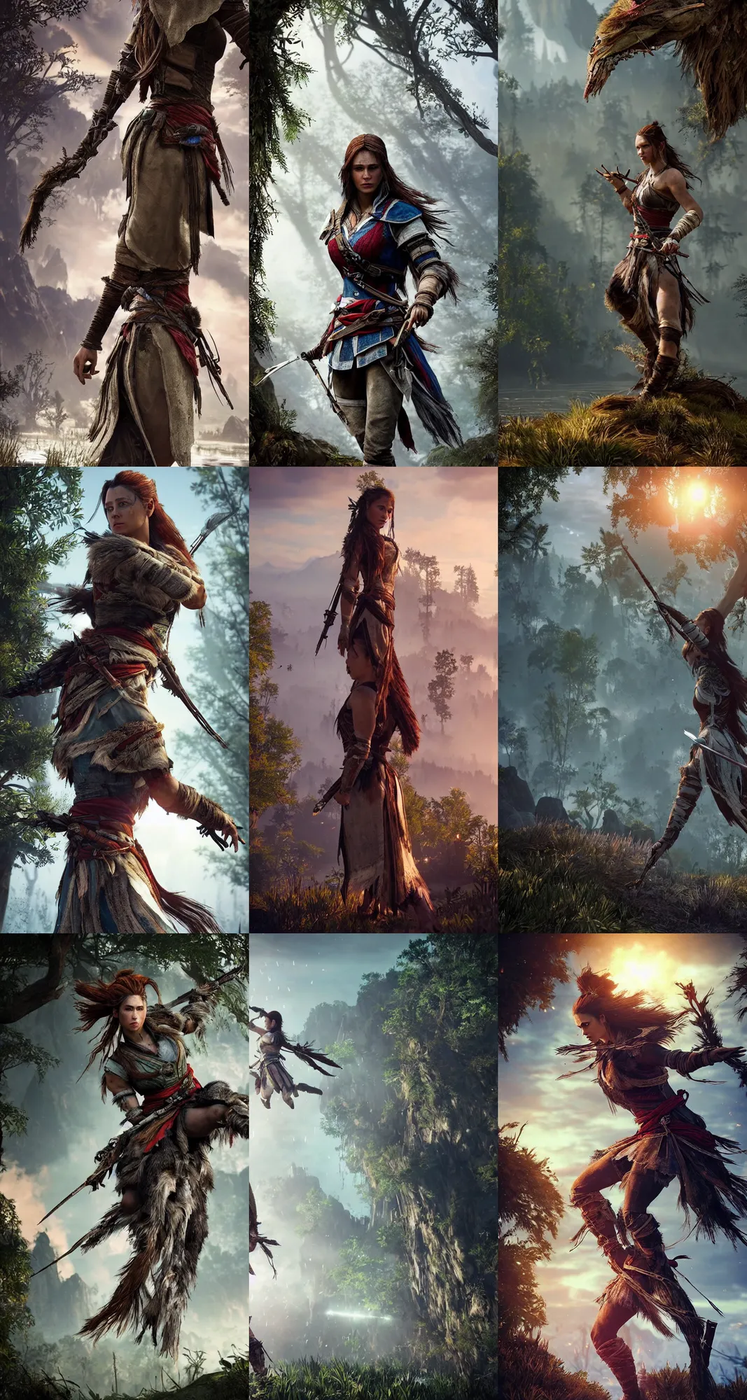 Prompt: Beautiful!!! realistic cinematic stills from the Assassin's Creed Valhalla and Horizon Zero Dawn 2 crossover, full-body, dynamic poses, mystical forest lagoon, glowing glittery dust in the air, twilight, sunset, gloomy, eerie atmosphere, dynamic pose, ornate attire, intricate gold and crystal jewelry, diaphanous iridescent cloth, cinematic lighting, god rays, volumetric fog, bloom, by Alphonse Mucha, by Bouguereau, by Rubens, by Luis Ricardo Falero, fantasy, portfolio illustration, highly detailed, trending on Artstation, CGsociety, HQ, 8k, 35mm lens, f2.8, Bokeh,