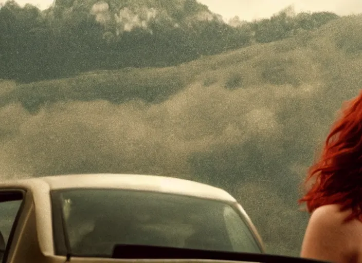 Image similar to A very high resolution image from a new movie, landscape from a car window , teen red hair woman, raining, hot, directed by wes anderson