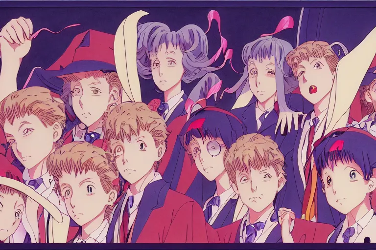 Image similar to cel shaded study of a group of children in a magical academy, anime, key visual of anime with intricate linework, in the stlye of moebius, ayami kojima, 90's anime, retro fantasy