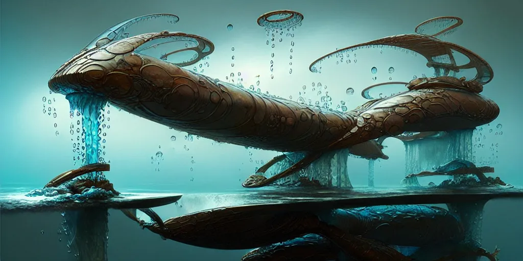 Image similar to study material with side perspective, transparent water River flow, realistic water foam,agua droplets, underwater, bridge made of water ,physically based rendering, defined features by ellen jewett, tomasz alen kopera and Justin Gerard