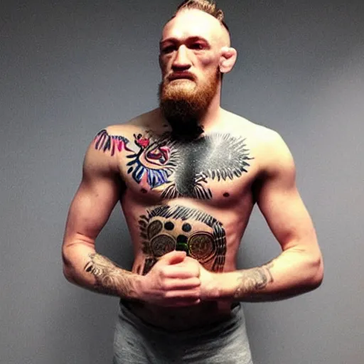 Image similar to “a realistic detailed photo of a guy who is an attractive humanoid who is half robot and half humanoid, who is a male android, boxer Conor McGregor, shiny skin, posing like a statue, blank stare”