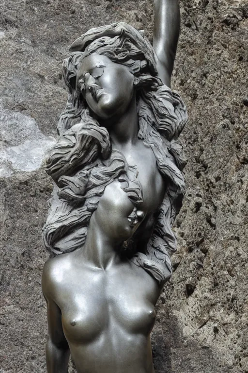 Image similar to epic view of mnemosine goddess statue sculpted in volcanic rock with silver stripes, made by antonio corradini and bernini, ultrarealistic, detailed, 8 k