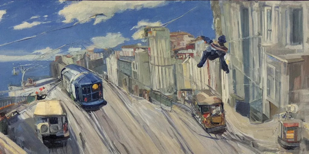 Image similar to street art. paralyzed by the indescribable beauty of the cosmos. amazing view of the electric trail from lisbon. art style by edward hopper daring, incredible