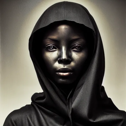 Image similar to a portrait of a young black woman wearing a long dark cloak, hood and shadows covering face, anatomically correct, beautiful perfect face, enigmatic, oil painting, matte painting, black background, Volumetric dynamic lighting, Highly Detailed, Cinematic Lighting, Unreal Engine, 8k, HD, by Beksinski