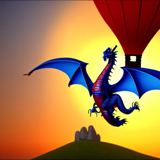 Image similar to 3D render of a medieval flying dragon attacking a hot air balloon during sunset, extremely detailed, 4K