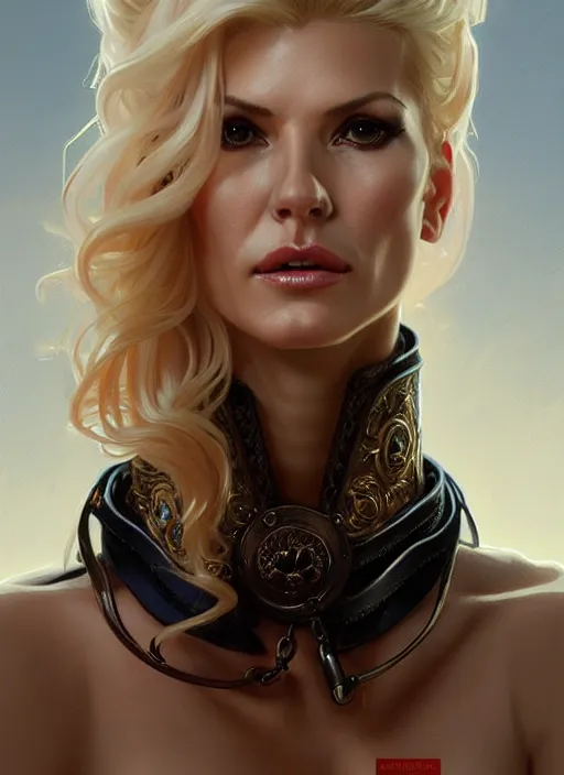 Prompt: portrait of victoria silvstedt as a lady, collar and leash, leather, greek, intricate, headshot, highly detailed, digital painting, artstation, concept art, sharp focus, cinematic lighting, illustration, art by artgerm and greg rutkowski, alphonse mucha, cgsociety