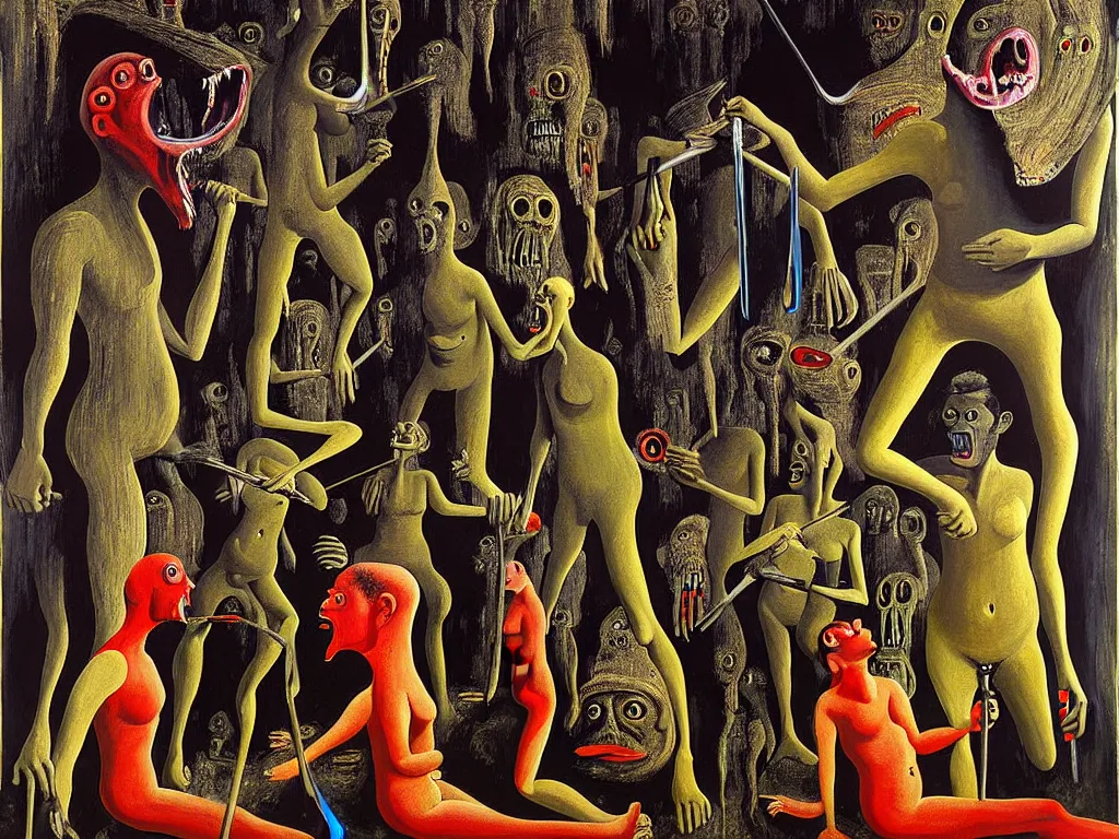 Prompt: a painting of a human of a big mouth turns into a cave with strange bearded beings with scythes, 4 k, art by max ernst