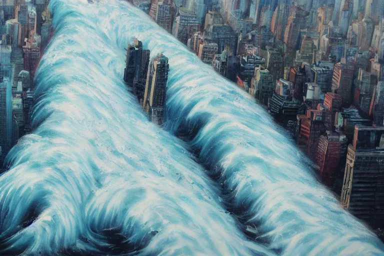 Prompt: tsunami crashing over manhattan, bird's eye view, wide shot, cinematic, realistic painting
