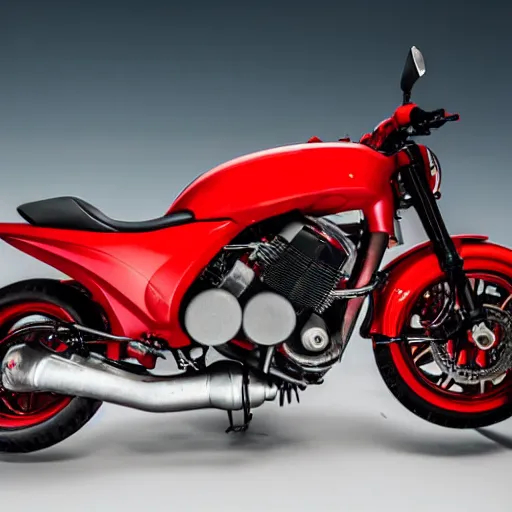 Prompt: a fantasy red glossy modern motorbike with jet engine, exposing internal engine, wide angle lens, photo studio hard light,photostock, istock