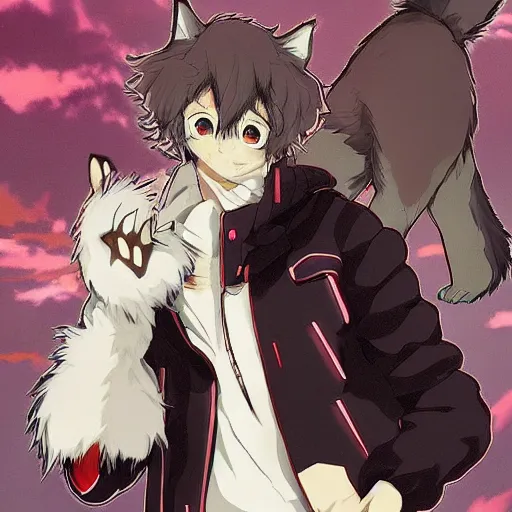 Image similar to key anime visual portrait of an anthropomorphic anthro wolf fursona, in a jacket, with handsome eyes, official modern anime art