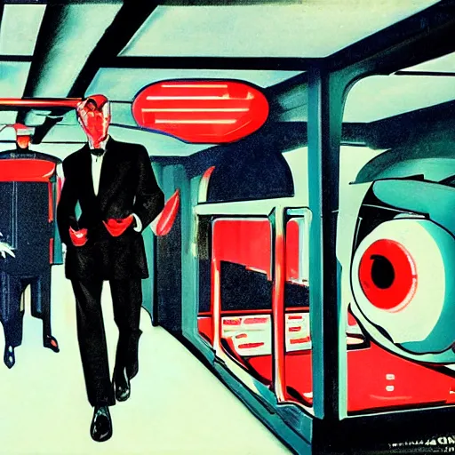 Image similar to man in futurist 6 0 ´ s lab, machines and futurist robots, red lights, leyendecker style, black suit