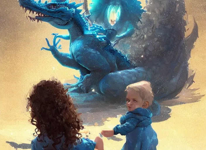 Image similar to a cute little girl with curly brown hair and blue eyes befriends a tiny sparkling blue baby dragon, beautiful fantasy art by greg rutkowski.