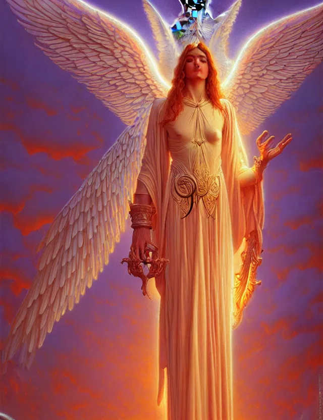 Prompt: ethereal glowing white angel dmt deity, art nouveau, tim hildebrandt, wayne barlowe, bruce pennington, donato giancola, trending on artstation, cinematic composition, beautiful lighting, hyper detailed, 8 k, oil on canvas