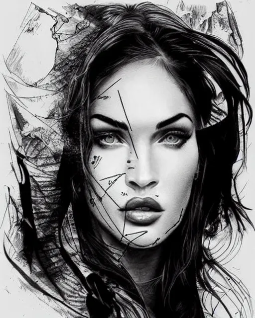 Image similar to megan fox face mash up with beautiful mountains, in the style of dan mountford, tattoo sketch, double exposure, hyper realistic, amazing detail, black and white