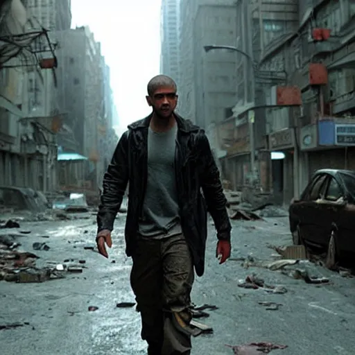 Prompt: Drake as Robert Neville in I Am Legend (2007), post apocalyptic city, environment 8k, ruins